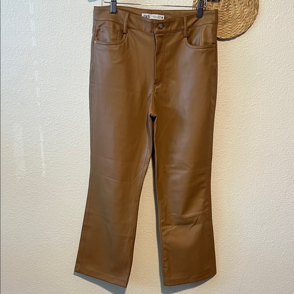 Zara Faux Leather Tan Pants - Size 6 - Picture 1 of 12